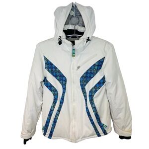 Obermeyer Juniors White & Blue Full Zip Detachable Hooded Ski Jacket Size 16
